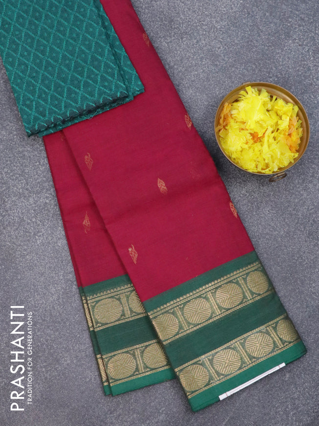 Chettinad cotton saree magenta pink and green with zari woven border and rudhraksha zari woven border & woven blouse