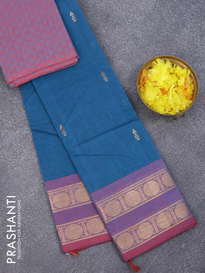 Chettinad cotton saree peacock blue and red shade with zari woven border and rudhraksha zari woven border & woven blouse