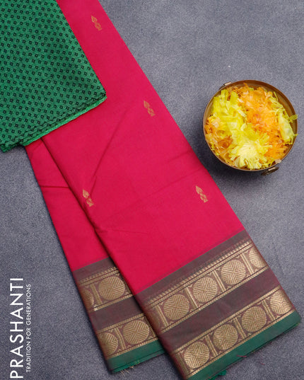 Chettinad cotton saree pink and green with zari woven buttas and rudhraksha zari woven border & woven blouse