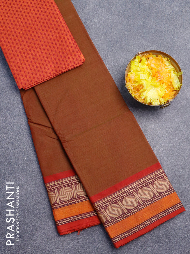 Chettinad cotton saree manthulir green and rust shade with plain body and rudhraksha thread woven border & woven blouse