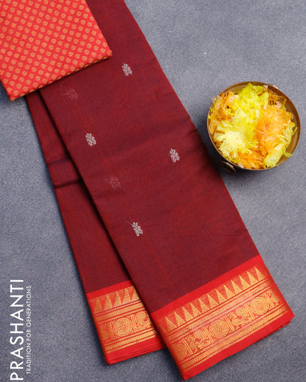Chettinad cotton saree maroon and red with thread woven buttas and zari woven border & woven blouse