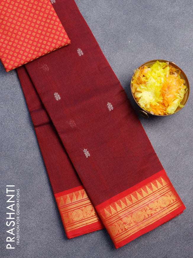 Chettinad cotton saree maroon and red with thread woven buttas and zari woven border & woven blouse