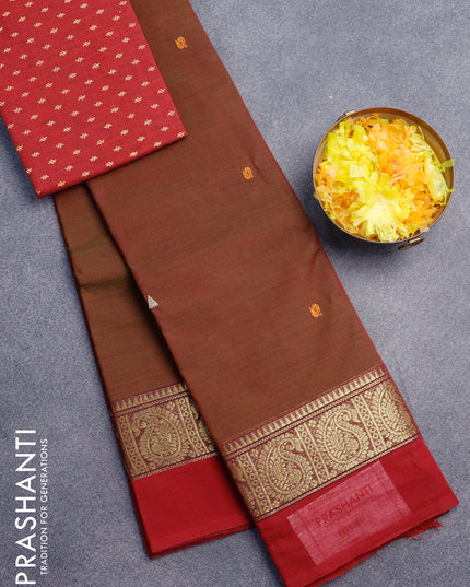 Chettinad cotton saree manthulir green and maroon with thread woven buttas and zari woven simple border & printed blouse