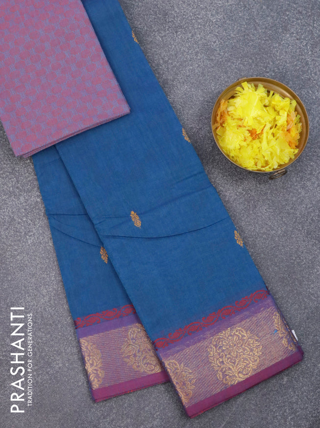 Chettinad cotton saree peacock blue and purple with thread woven buttas and zari woven border & woven blouse