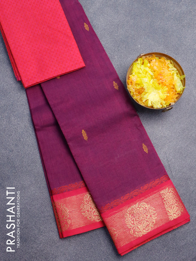 Chettinad cotton saree magenta pink and pink with thread woven buttas and zari woven border & woven blouse