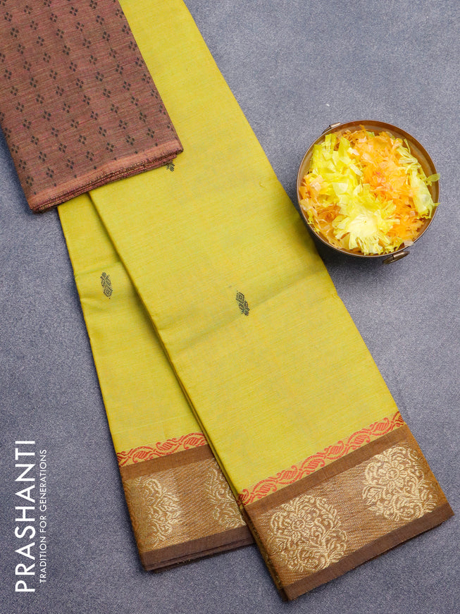 Chettinad cotton saree lime yellow and brown with thread woven buttas and zari woven border & woven blouse