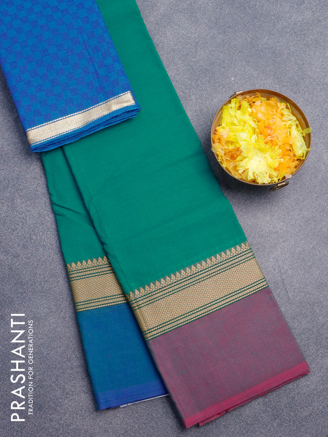 Chettinad cotton saree teal green and dual shade of blue with plain body and thread woven simple border & woven blouse