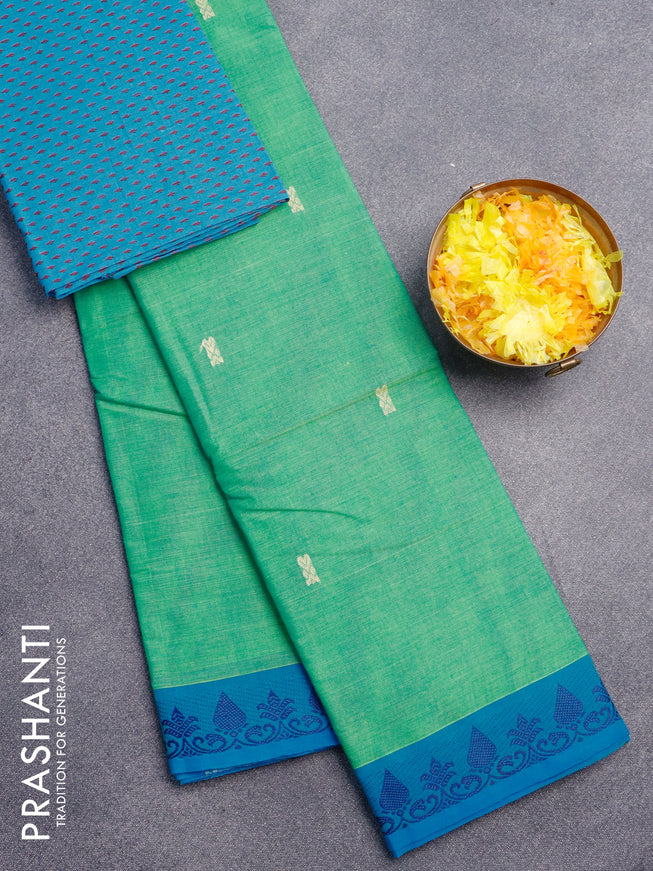 Chettinad cotton saree green and cs blue with thread woven buttas and thread woven border & woven blouse