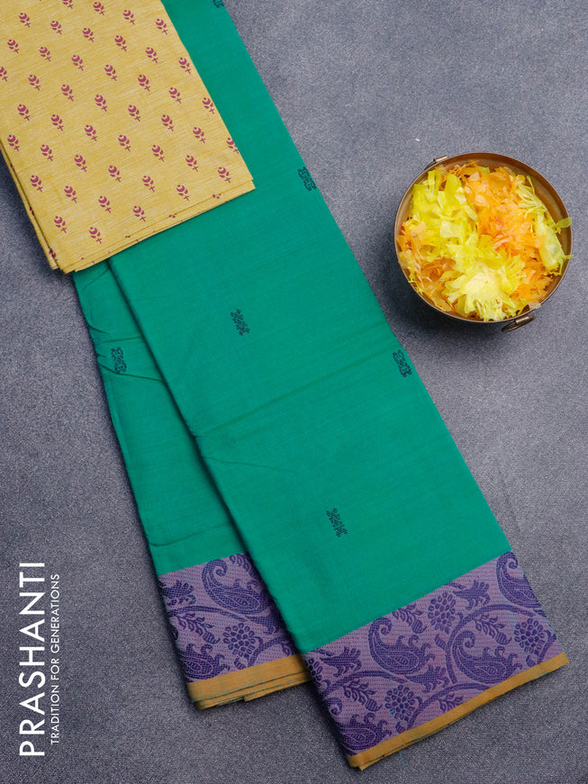 Chettinad cotton saree teal green and mustard shade with thread woven buttas and thread woven border & printed blouse