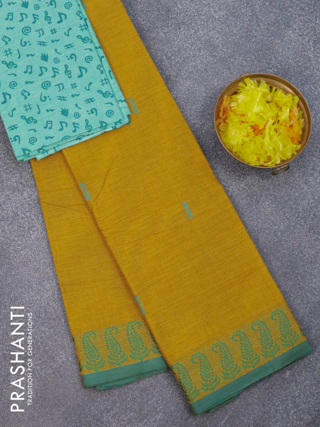 Chettinad cotton saree lime yellow and green with thread woven buttas and thread woven border & printed blouse