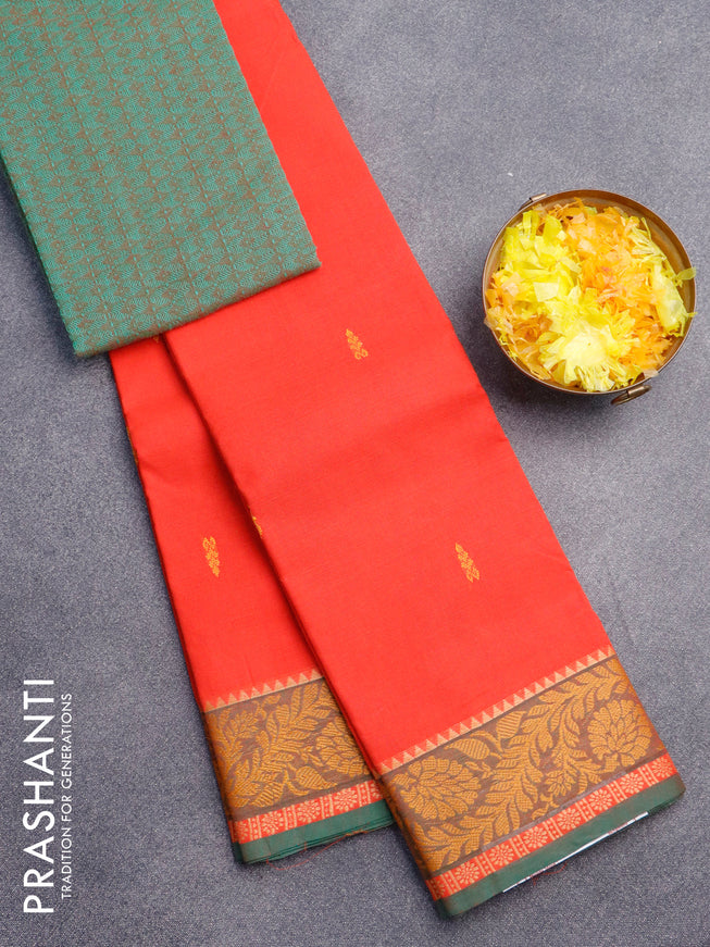 Chettinad cotton saree orange and green with thread woven buttas and thread woven border & woven blouse