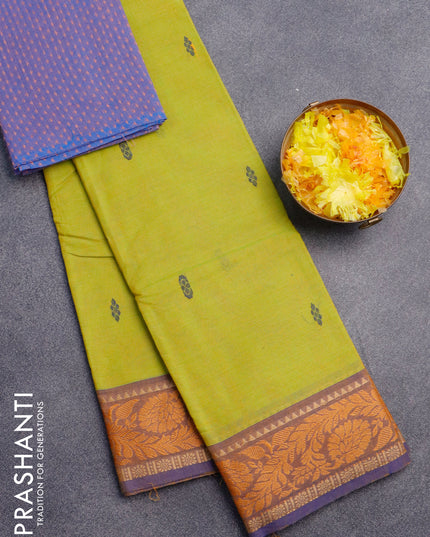 Chettinad cotton saree lime green and blue with thread woven buttas and thread woven border & woven blouse
