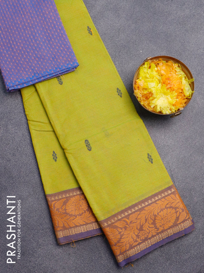 Chettinad cotton saree lime green and blue with thread woven buttas and thread woven border & woven blouse