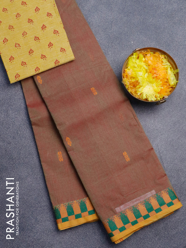 Chettinad cotton saree dual shade of greenish maroon and yellow shade with thread woven buttas and thread woven border & woven blouse