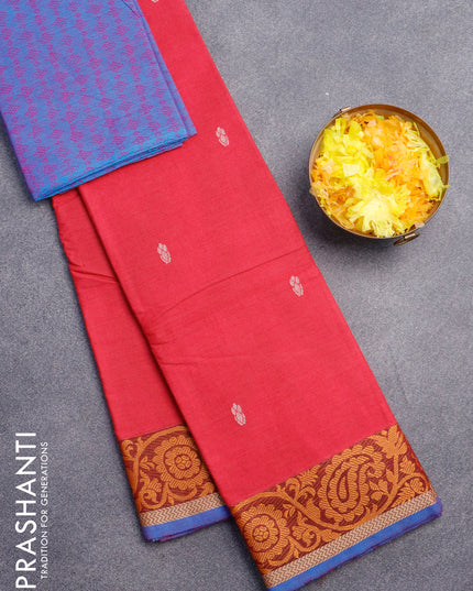 Chettinad cotton saree pink shade and blue with thread woven buttas and paisley thread woven border & woven blouse