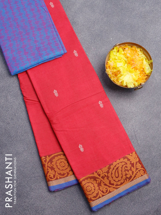 Chettinad cotton saree pink shade and blue with thread woven buttas and paisley thread woven border & woven blouse