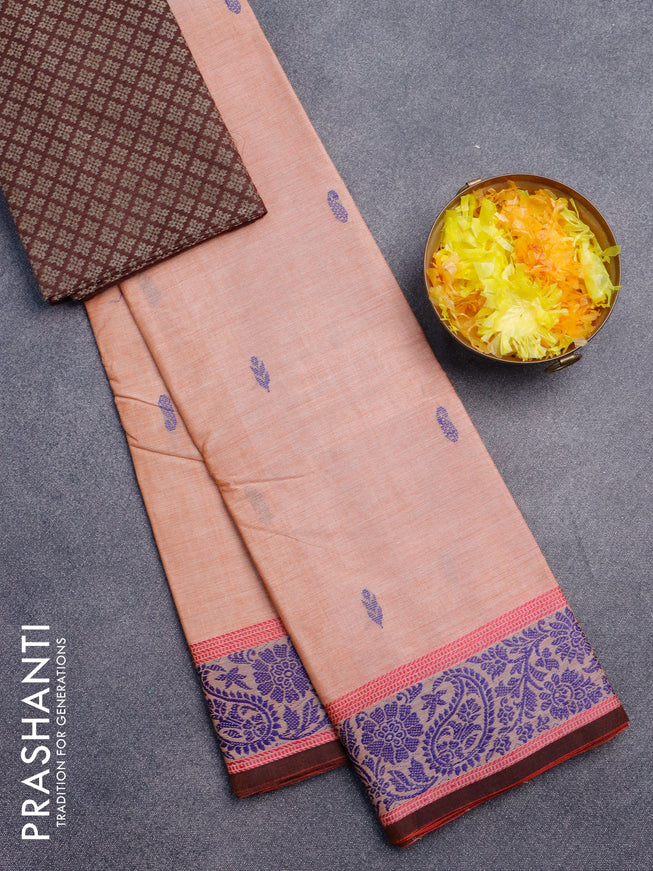 Chettinad cotton saree peach and brown with thread woven buttas and thread woven border & woven blouse