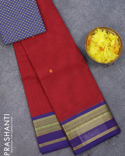 Chettinad cotton saree maroon and blue with thread woven buttas and zari woven border & woven blouse