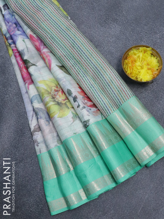 Banarasi kota saree pastel grey and teal green with allover floral digital prints & zari weaves and temple design rettapet zari woven border