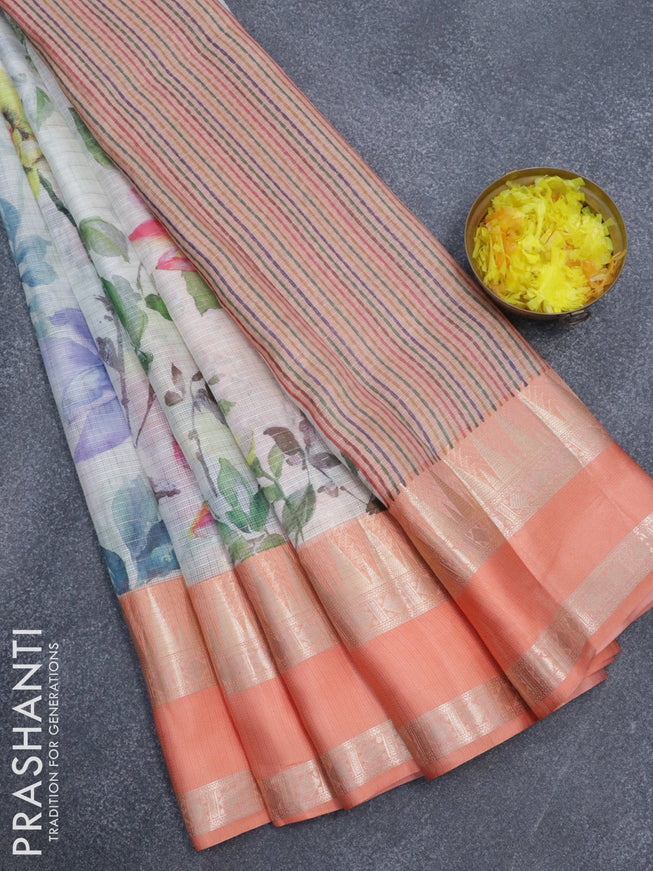 Banarasi kota saree pastel green and peach orange with allover floral digital prints & zari weaves and temple design rettapet zari woven border