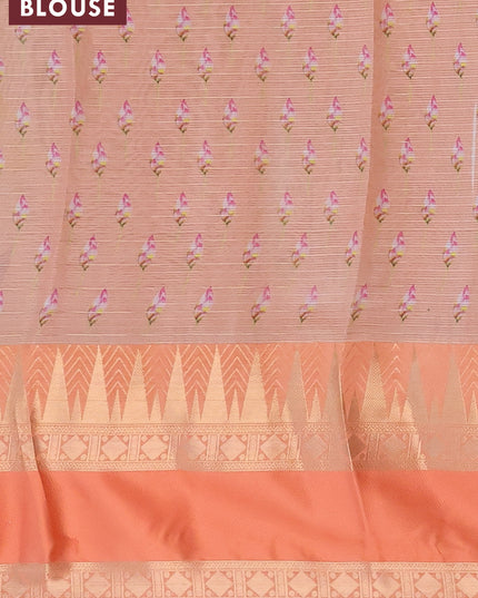 Banarasi kota saree pastel green and peach orange with allover floral digital prints & zari weaves and temple design rettapet zari woven border