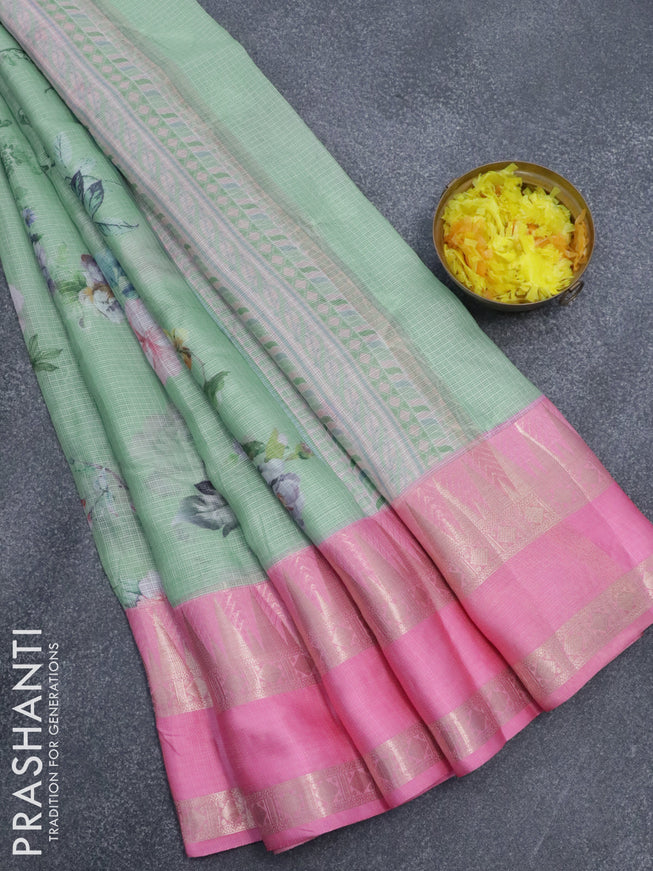Banarasi kota saree pastel green and light pink with allover floral digital prints and temple design rettapet zari woven border