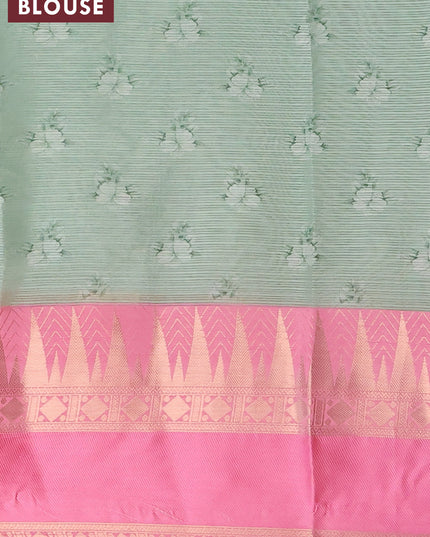 Banarasi kota saree pastel green and light pink with allover floral digital prints and temple design rettapet zari woven border