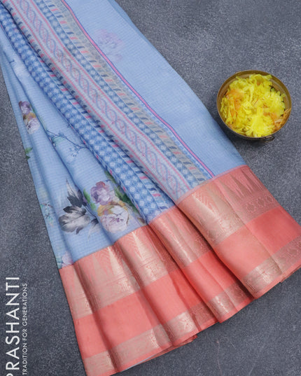 Banarasi kota saree light blue and peach orange with allover floral digital prints and temple design rettapet zari woven border