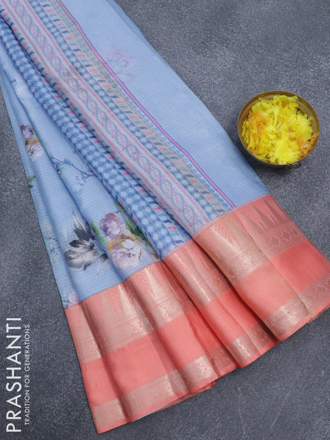 Banarasi kota saree light blue and peach orange with allover floral digital prints and temple design rettapet zari woven border
