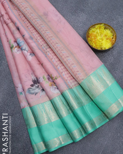Banarasi kota saree peach pink and teal green with allover floral digital prints and temple design rettapet zari woven border