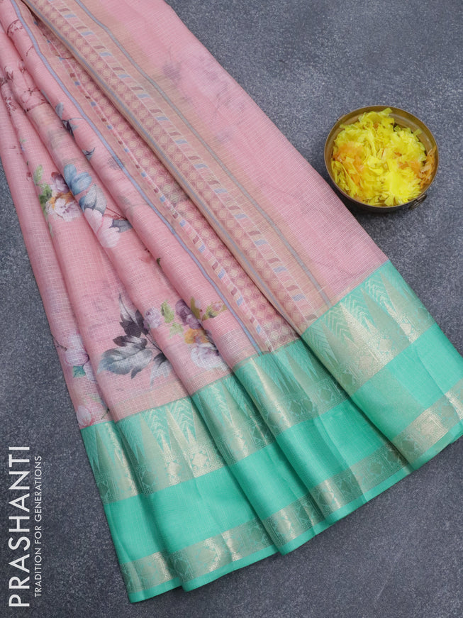 Banarasi kota saree peach pink and teal green with allover floral digital prints and temple design rettapet zari woven border