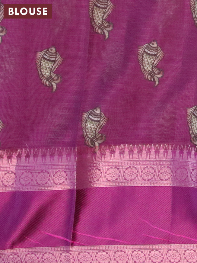 Banarasi kota saree cream and purple with allover pichwai digital prints and temple design rettapet zari woven border