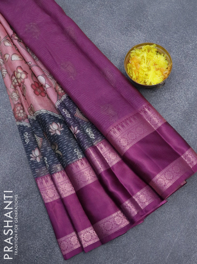 Banarasi kota saree pastel pink and purple with allover pichwai digital prints and temple design rettapet zari woven border