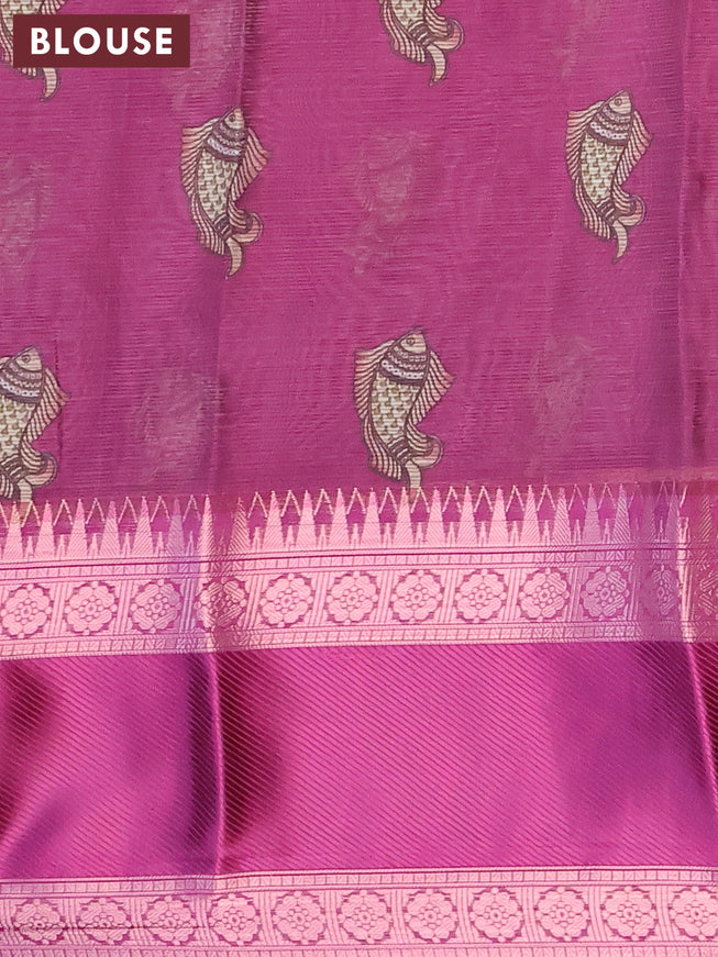 Banarasi kota saree pastel pink and purple with allover pichwai digital prints and temple design rettapet zari woven border