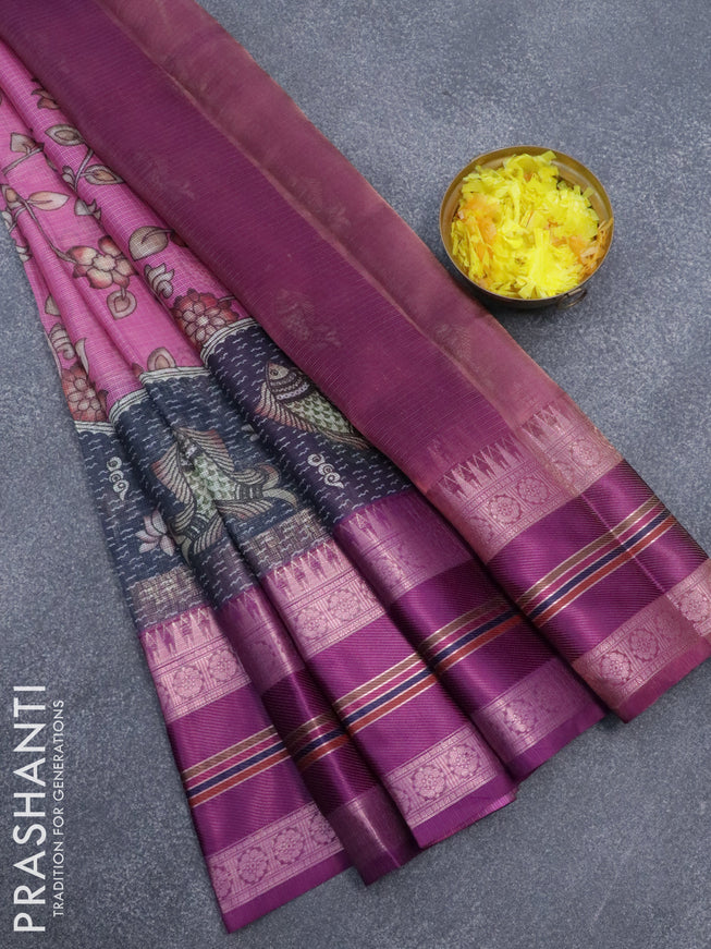 Banarasi kota saree pink and purple with allover pichwai digital prints and temple design zari woven border