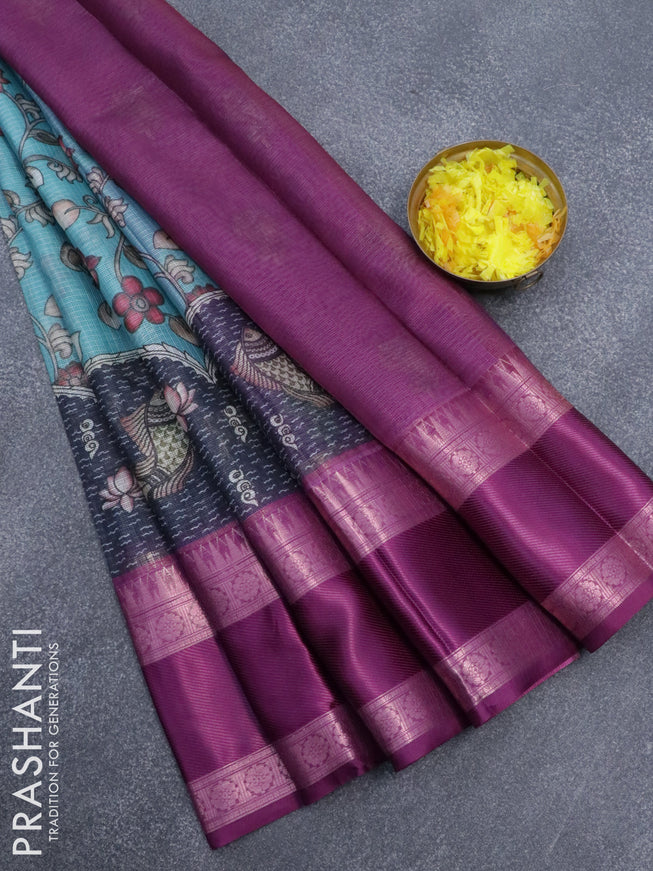 Banarasi kota saree teal blue and purple with allover pichwai digital prints and temple design rettapet zari woven border