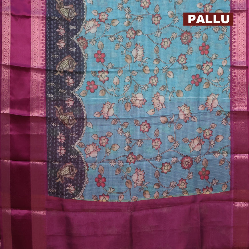 Banarasi kota saree teal blue and purple with allover pichwai digital prints and temple design rettapet zari woven border