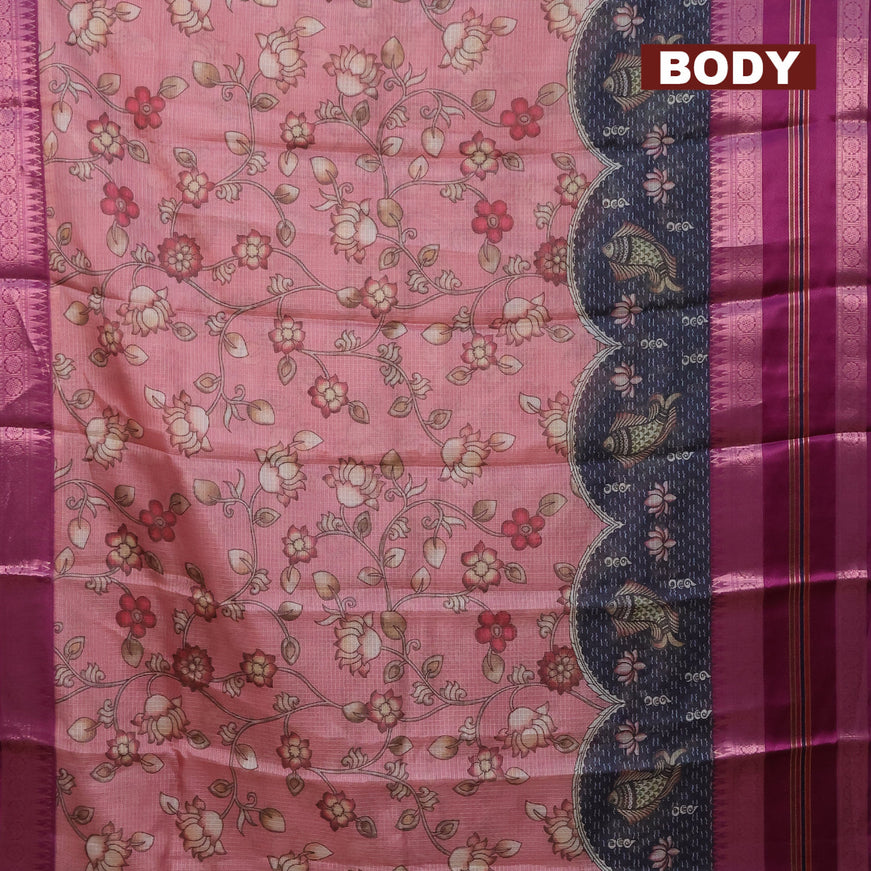 Banarasi kota saree pastel pink and purple with allover pichwai digital prints and temple design zari woven border