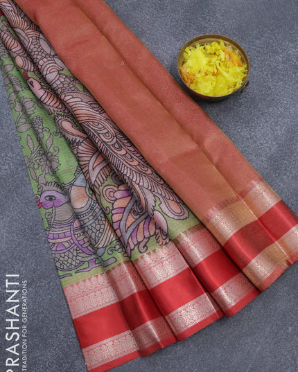 Banarasi kota saree green and red with allover kalamkari digital prints and rettapet zari woven border