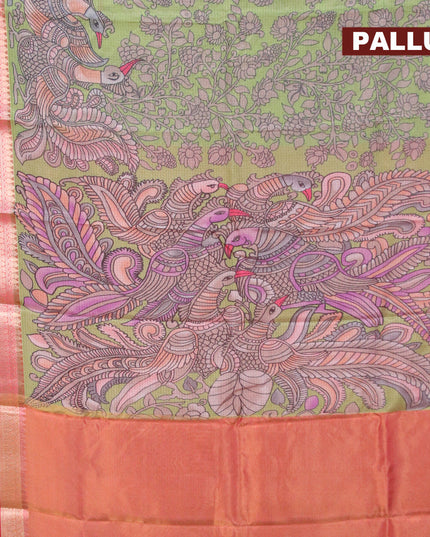 Banarasi kota saree green and red with allover kalamkari digital prints and rettapet zari woven border