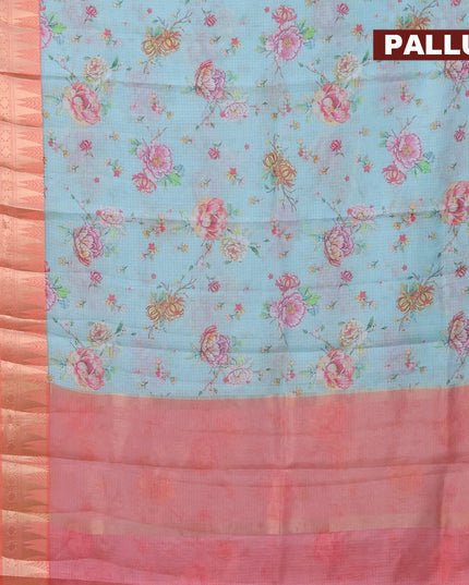 Banarasi kota saree light blue and peach orange with floral digital prints and rettapet zari woven border