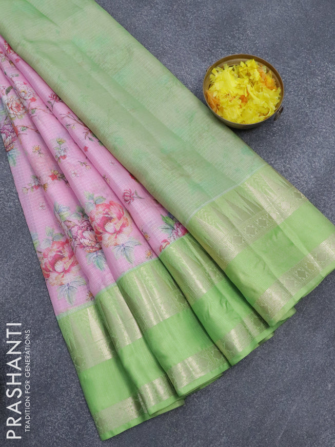Banarasi kota saree light pink and light green with floral digital prints and rettapet zari woven border