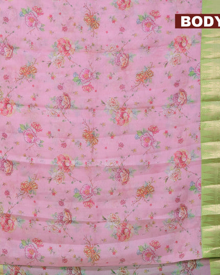 Banarasi kota saree light pink and light green with floral digital prints and rettapet zari woven border