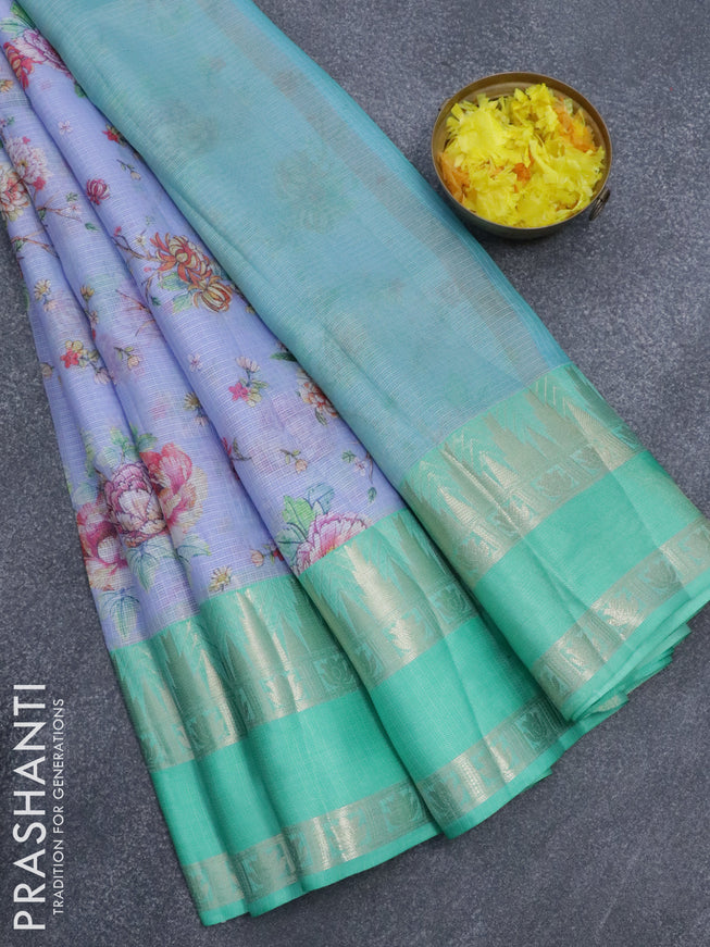 Banarasi kota saree blue shade and teal green with floral digital prints and rettapet zari woven border