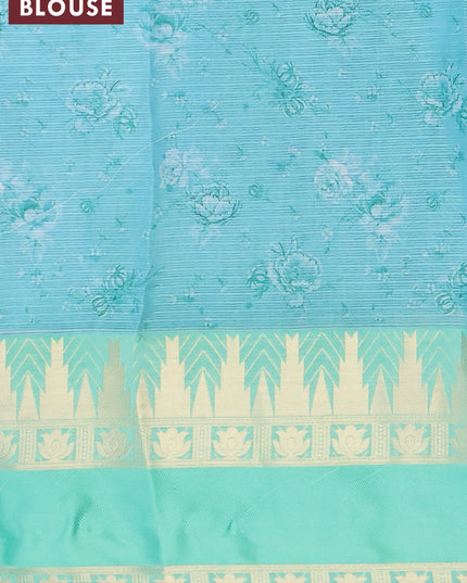 Banarasi kota saree blue shade and teal green with floral digital prints and rettapet zari woven border