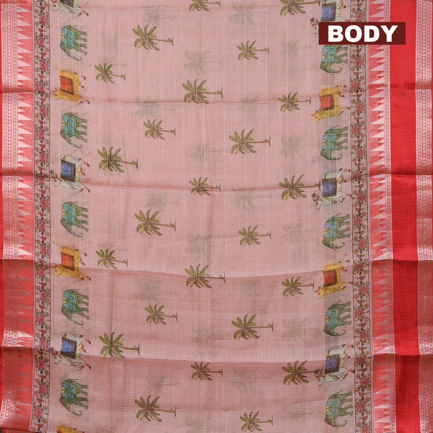 Banarasi kota saree peach shade and red with butta digital prints and rettapet zari woven border