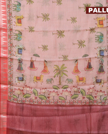 Banarasi kota saree peach shade and red with butta digital prints and rettapet zari woven border