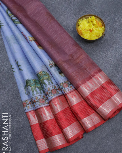 Banarasi kota saree blue shade and red with butta digital prints and rettapet zari woven border
