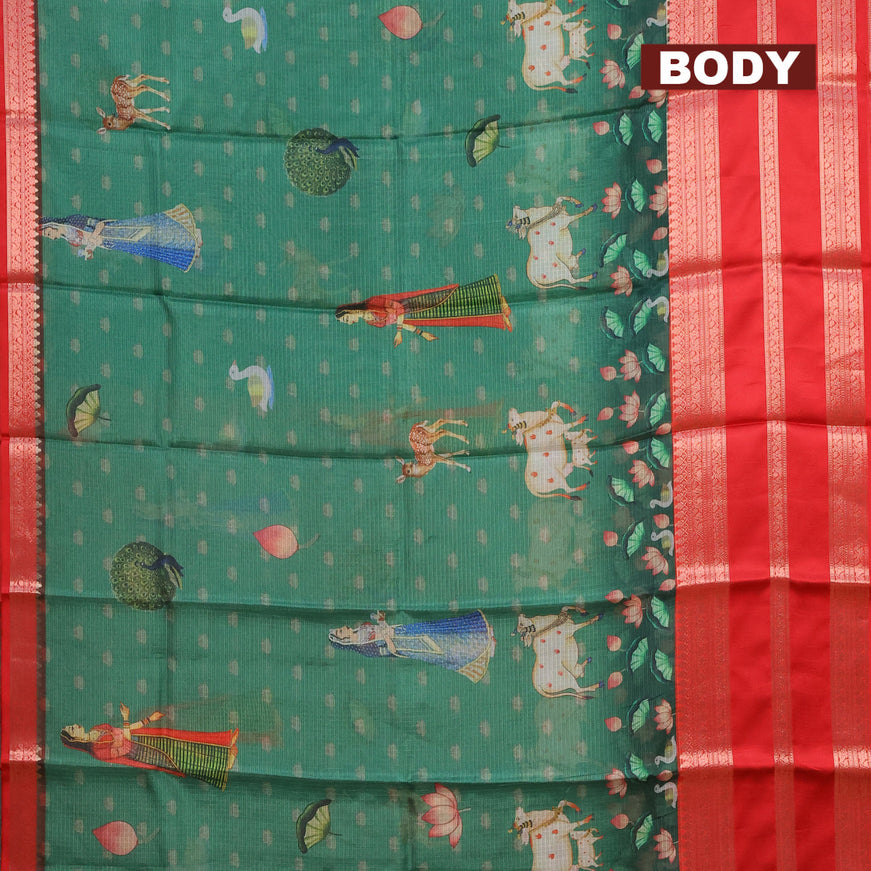 Banarasi kota saree green and red with pichwai digital prints and long zari woven border