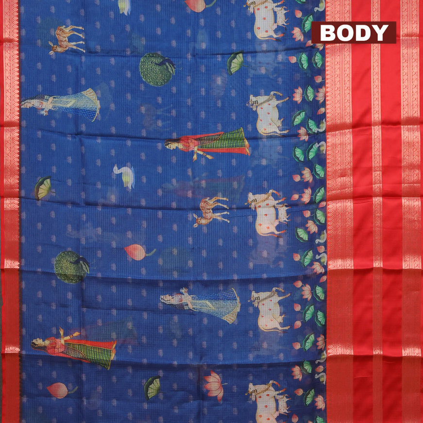 Banarasi kota saree blue and red with pichwai digital prints and long zari woven border